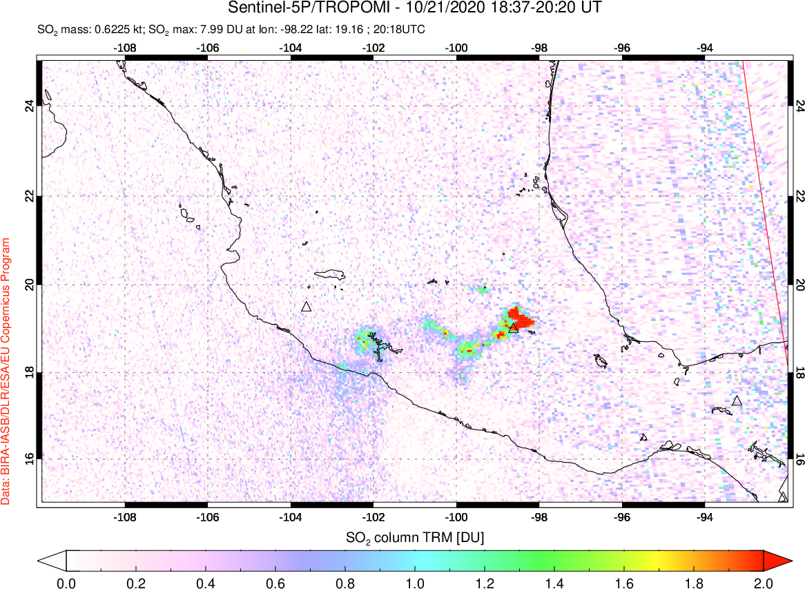 A sulfur dioxide image over Mexico on Oct 21, 2020.