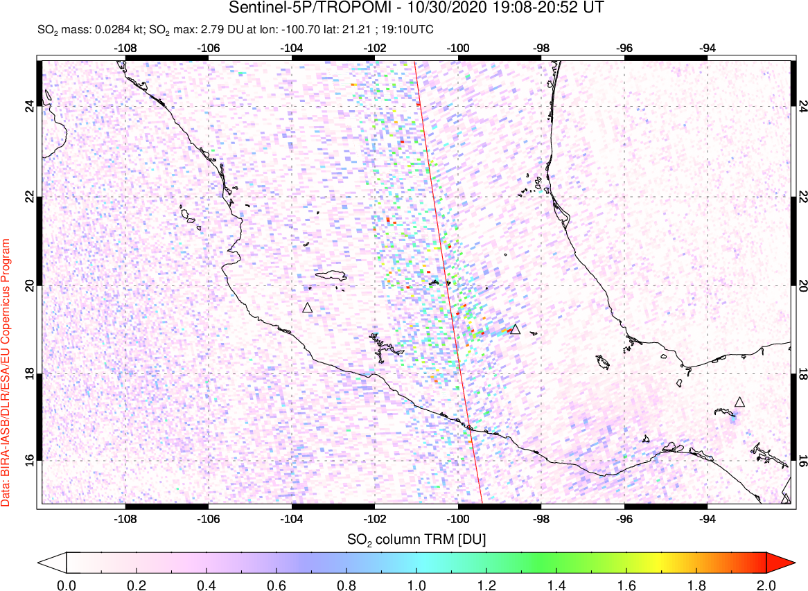 A sulfur dioxide image over Mexico on Oct 30, 2020.