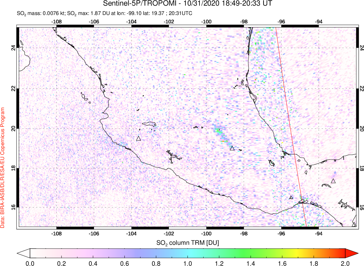 A sulfur dioxide image over Mexico on Oct 31, 2020.