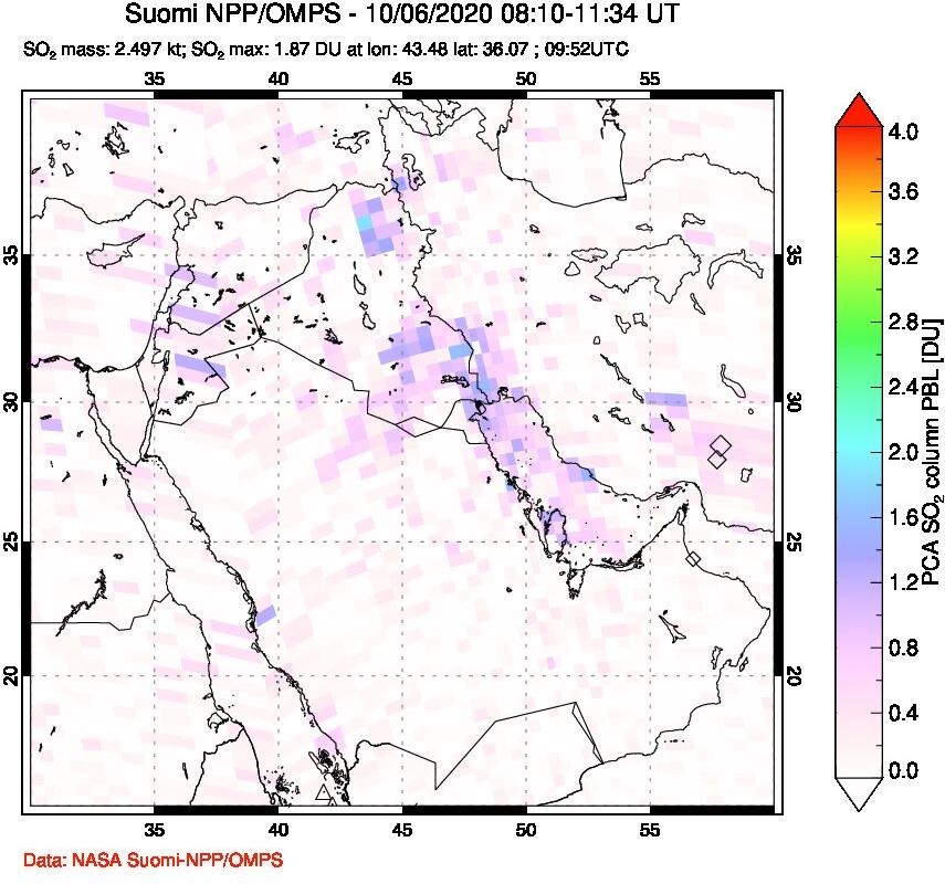 A sulfur dioxide image over Middle East on Oct 06, 2020.