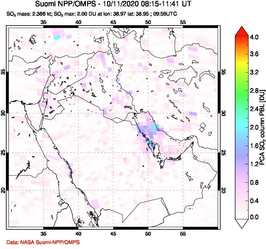 A sulfur dioxide image over Middle East on Oct 11, 2020.