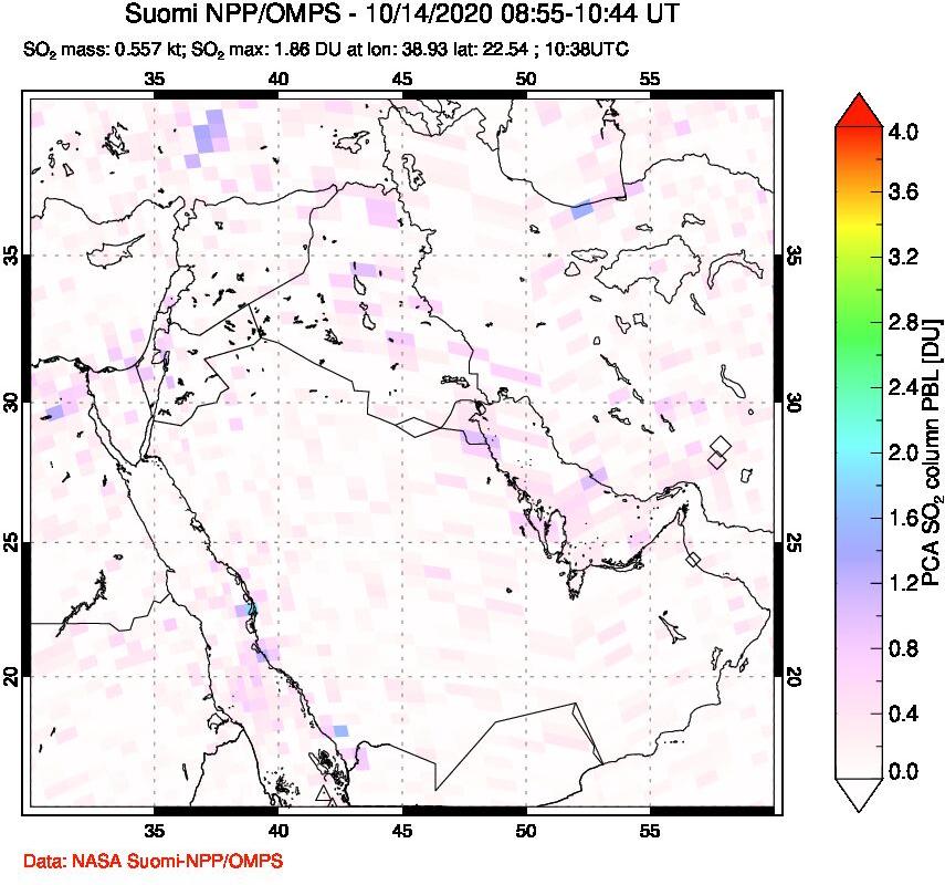 A sulfur dioxide image over Middle East on Oct 14, 2020.