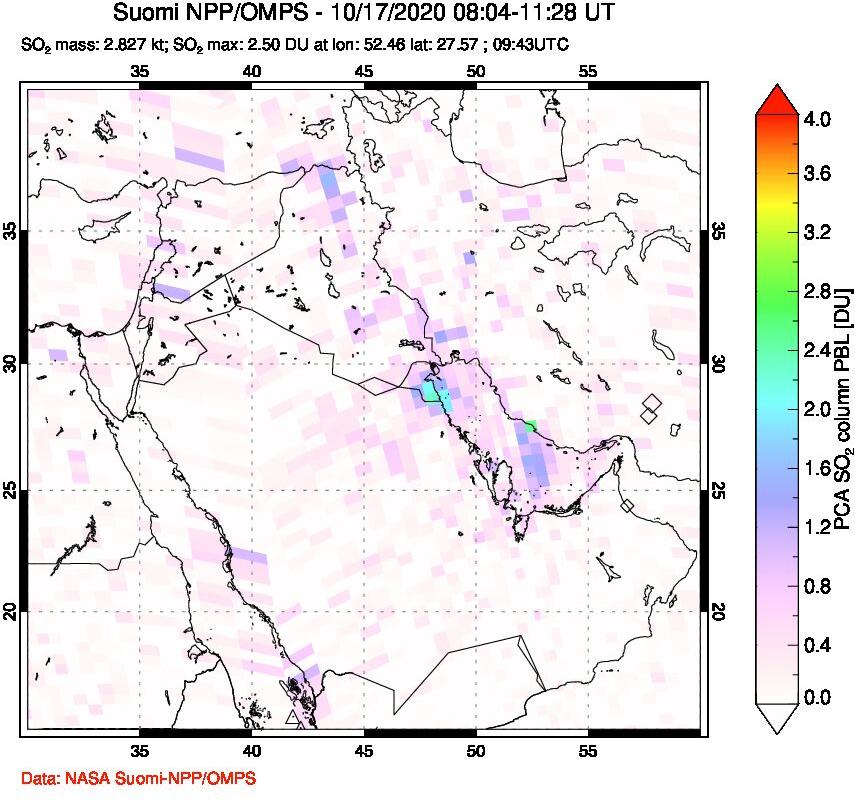 A sulfur dioxide image over Middle East on Oct 17, 2020.