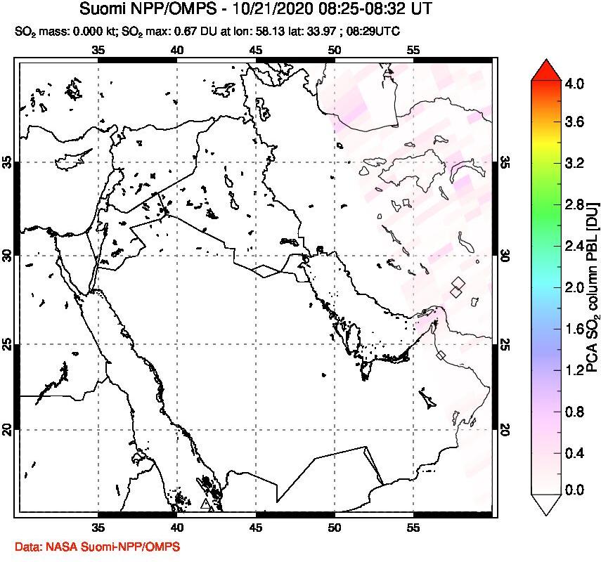 A sulfur dioxide image over Middle East on Oct 21, 2020.