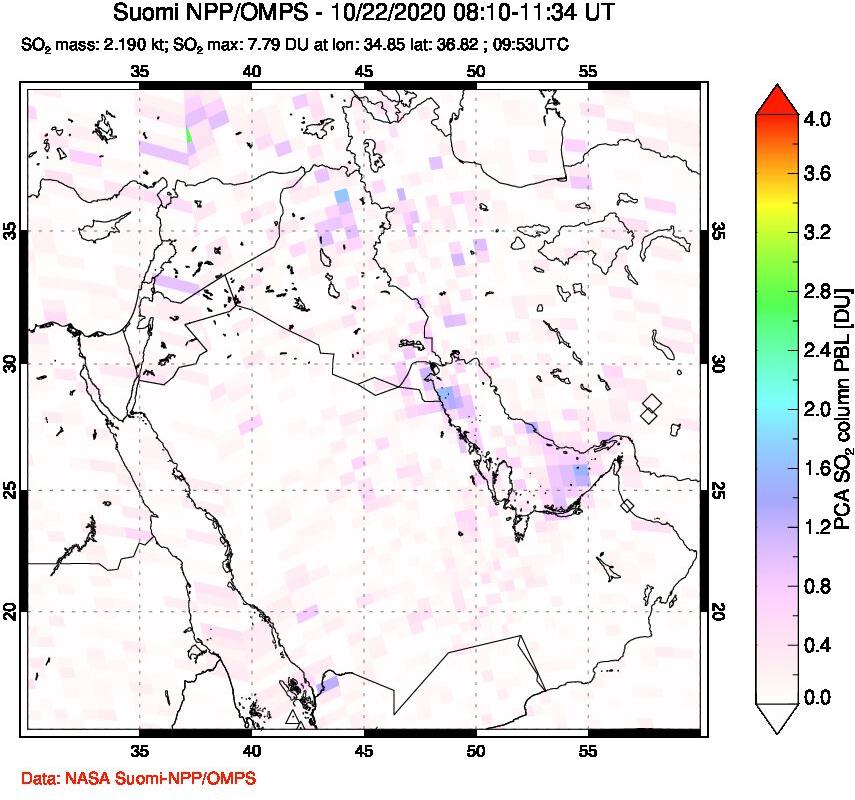 A sulfur dioxide image over Middle East on Oct 22, 2020.