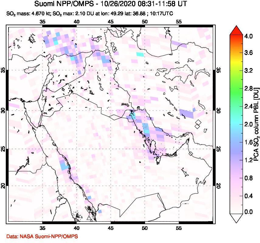 A sulfur dioxide image over Middle East on Oct 26, 2020.
