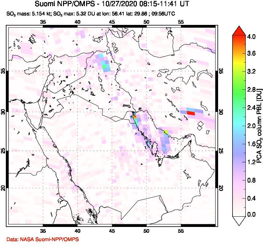A sulfur dioxide image over Middle East on Oct 27, 2020.