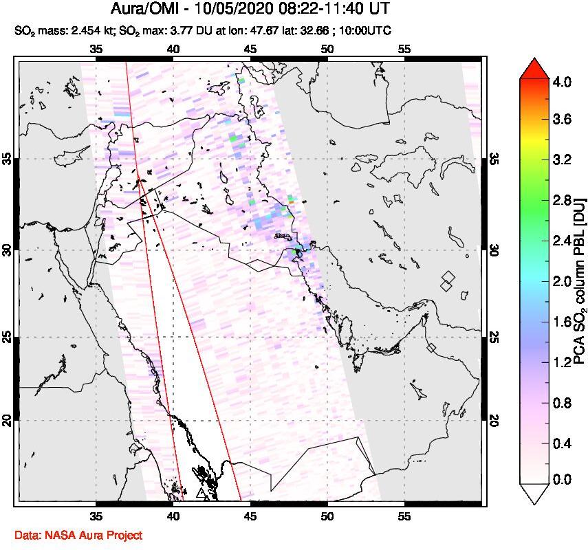 A sulfur dioxide image over Middle East on Oct 05, 2020.