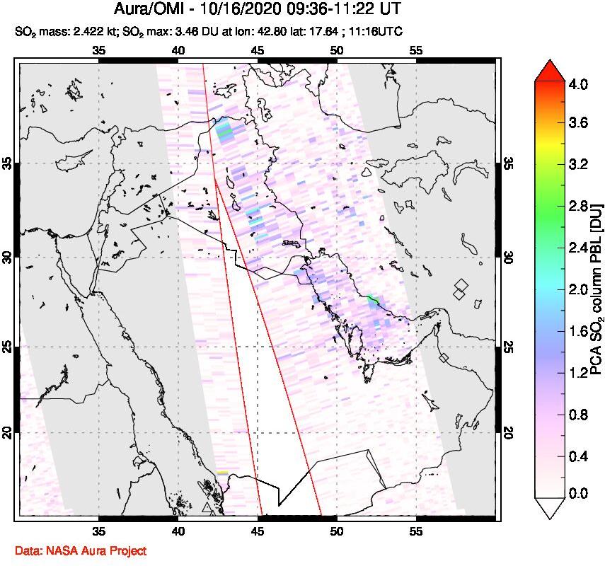 A sulfur dioxide image over Middle East on Oct 16, 2020.