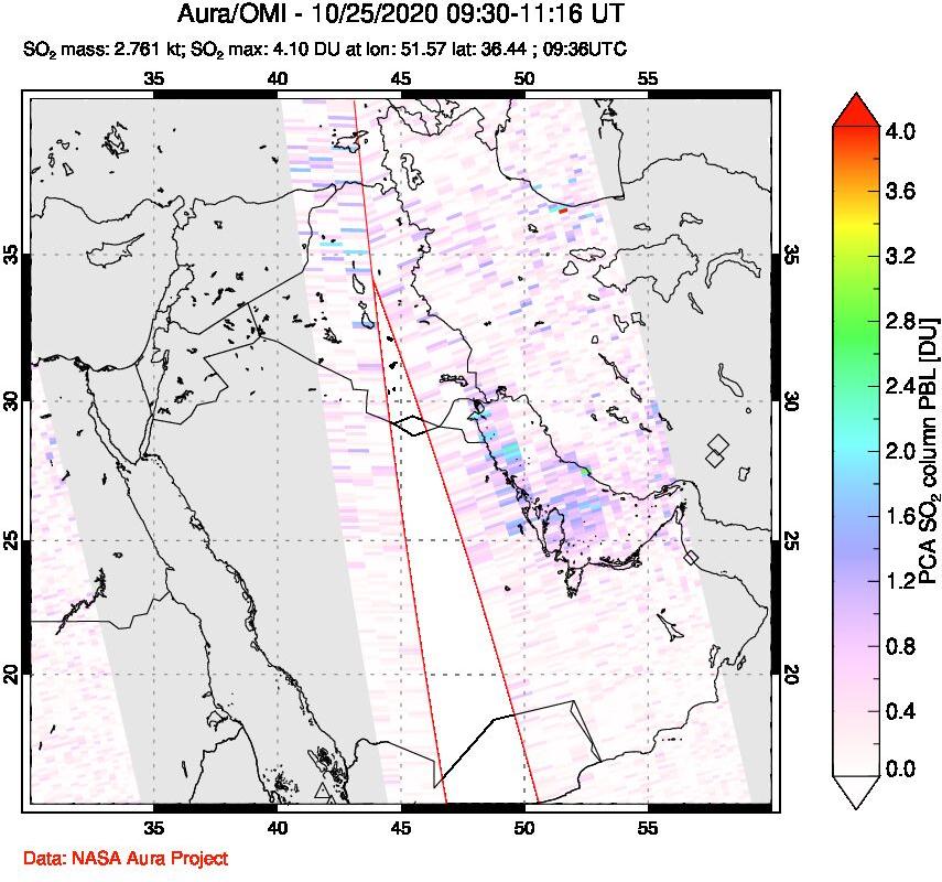 A sulfur dioxide image over Middle East on Oct 25, 2020.