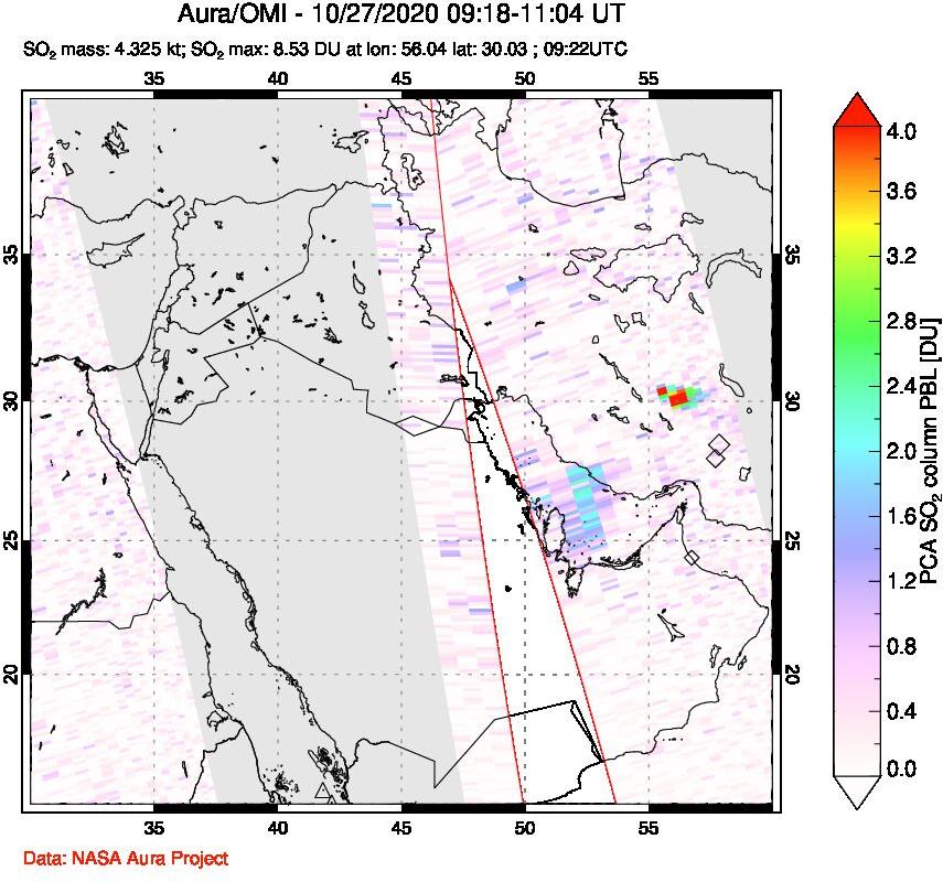 A sulfur dioxide image over Middle East on Oct 27, 2020.