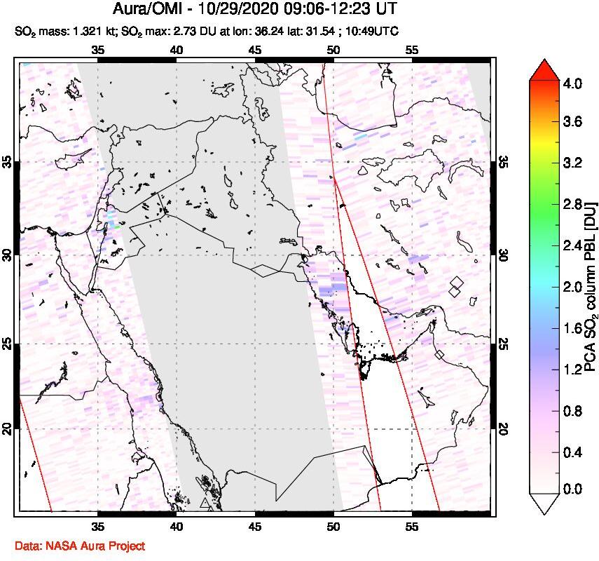A sulfur dioxide image over Middle East on Oct 29, 2020.