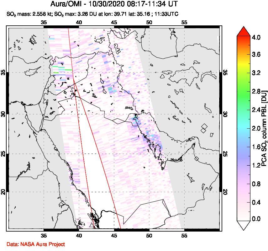 A sulfur dioxide image over Middle East on Oct 30, 2020.