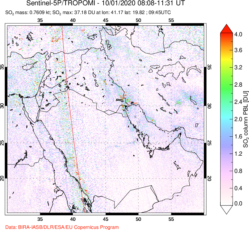 A sulfur dioxide image over Middle East on Oct 01, 2020.