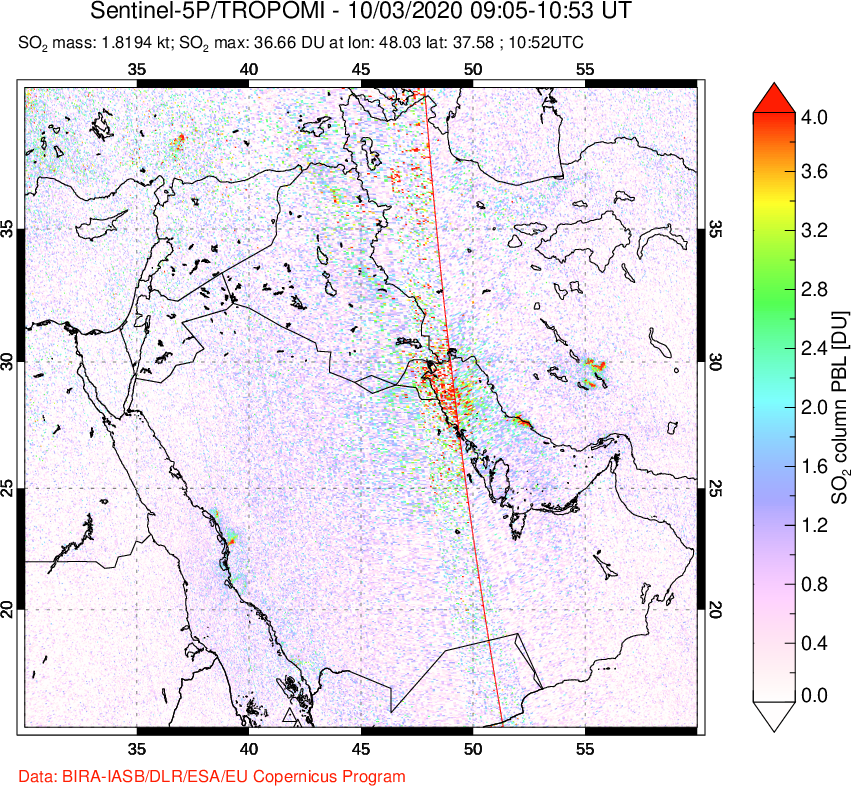 A sulfur dioxide image over Middle East on Oct 03, 2020.