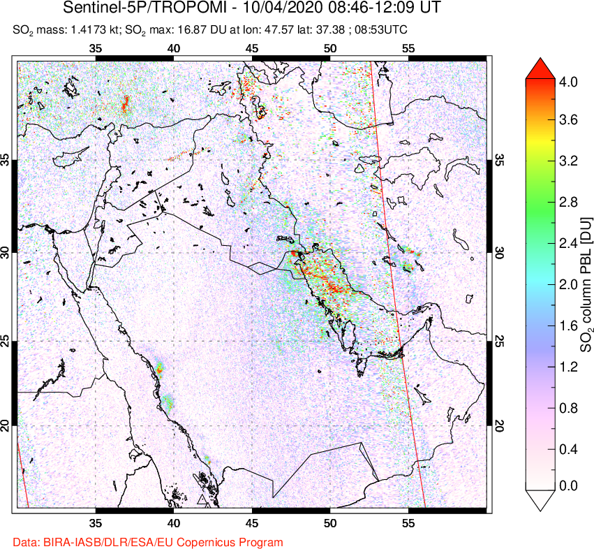 A sulfur dioxide image over Middle East on Oct 04, 2020.