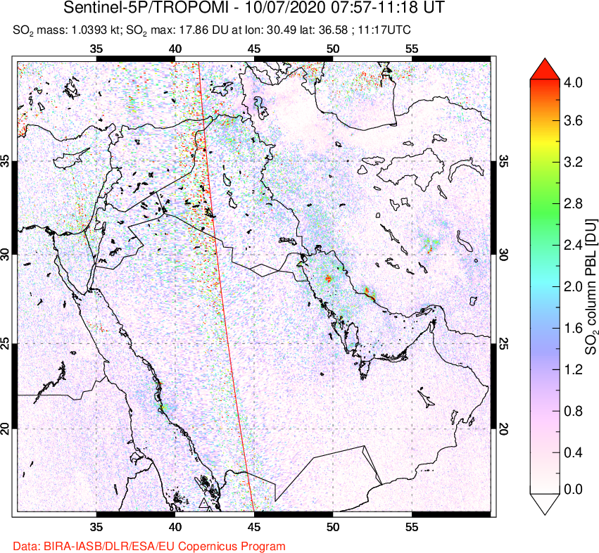 A sulfur dioxide image over Middle East on Oct 07, 2020.