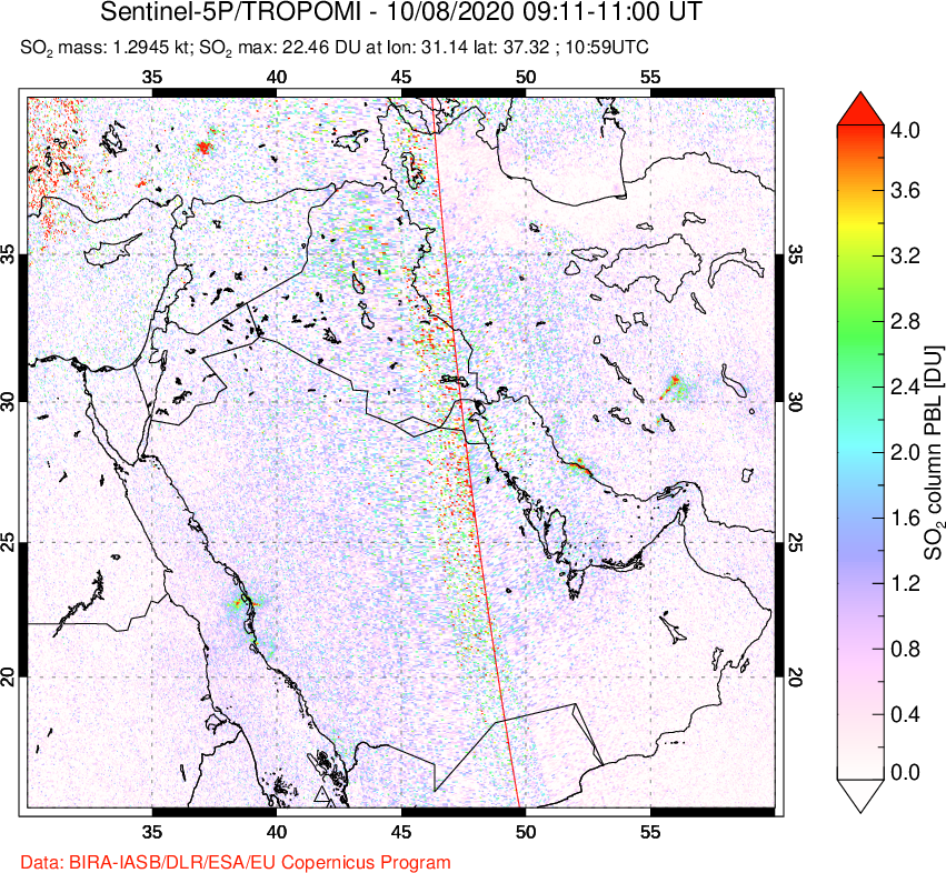 A sulfur dioxide image over Middle East on Oct 08, 2020.