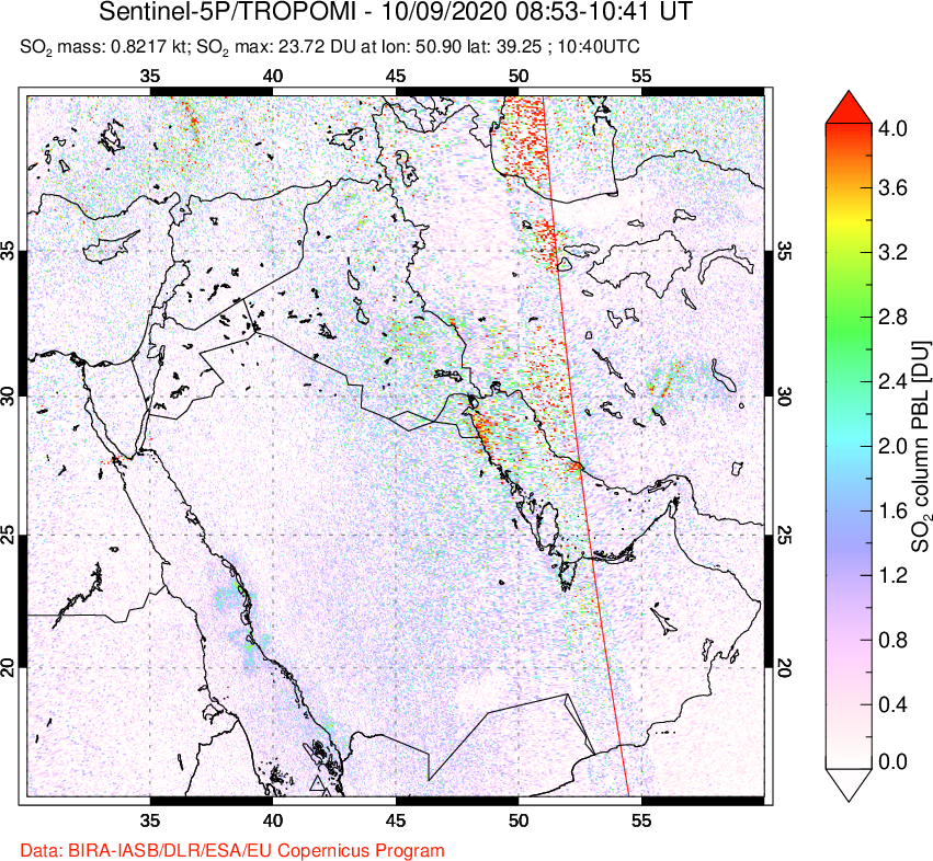 A sulfur dioxide image over Middle East on Oct 09, 2020.