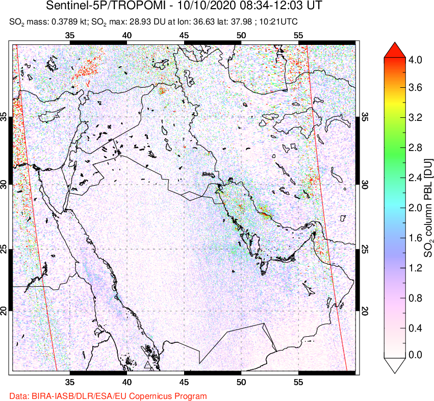 A sulfur dioxide image over Middle East on Oct 10, 2020.