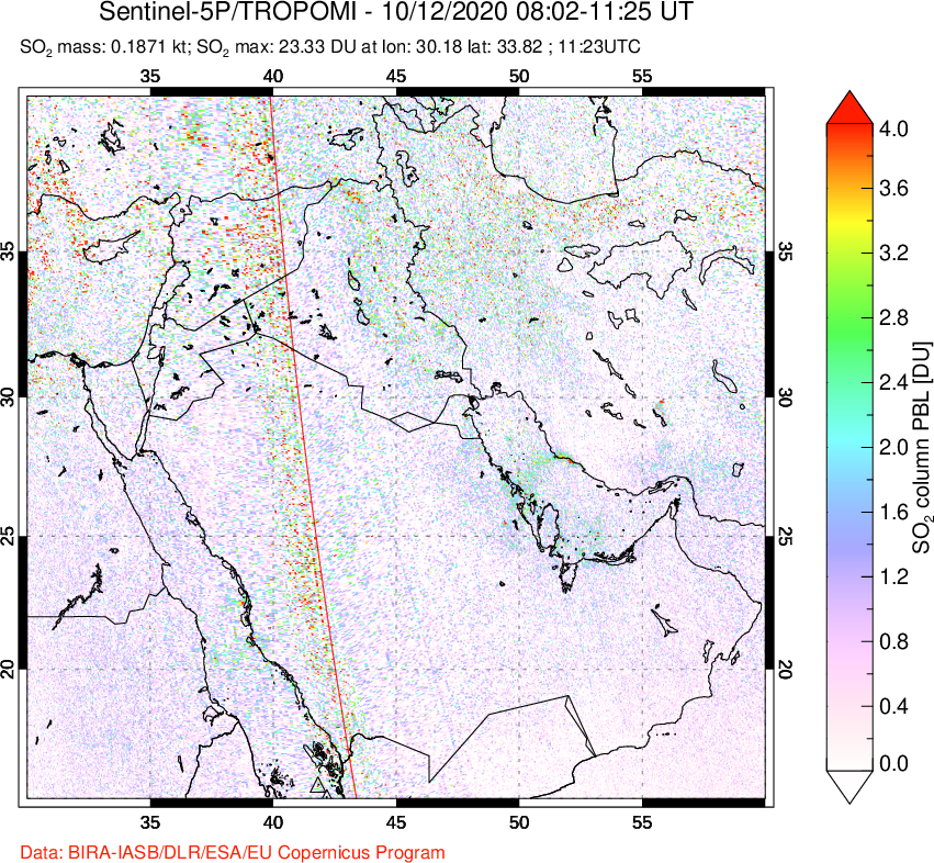 A sulfur dioxide image over Middle East on Oct 12, 2020.