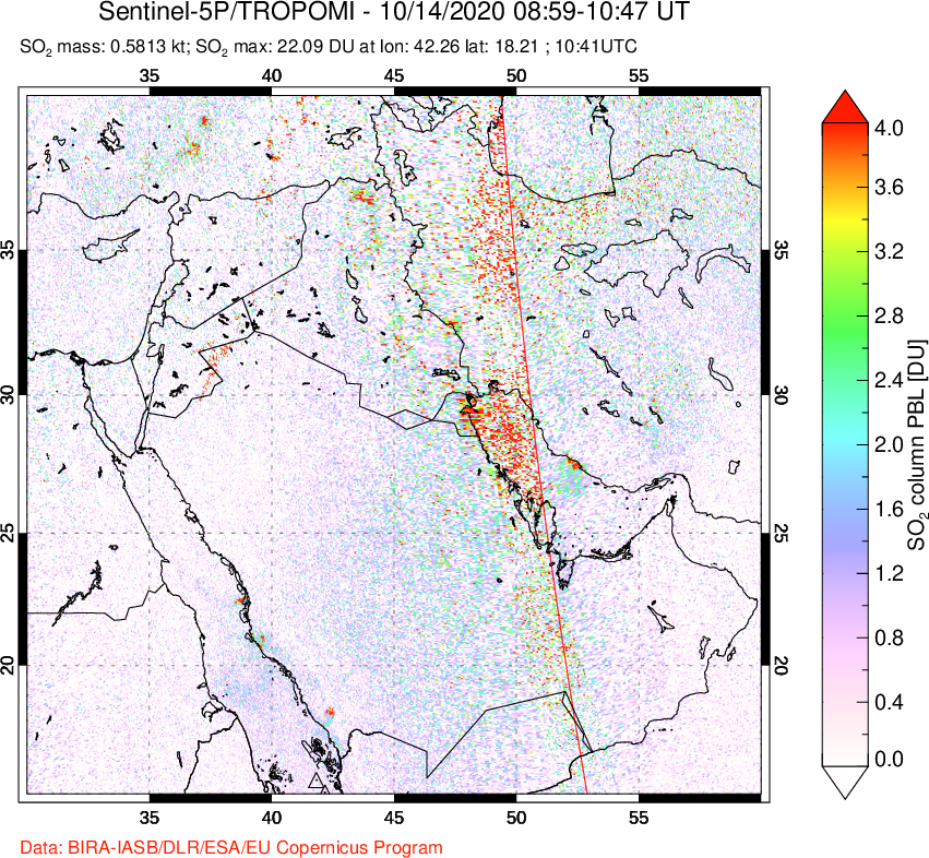 A sulfur dioxide image over Middle East on Oct 14, 2020.