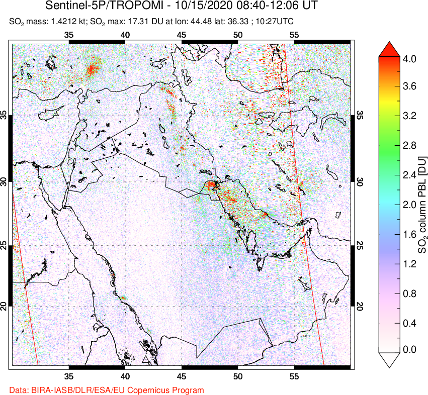 A sulfur dioxide image over Middle East on Oct 15, 2020.