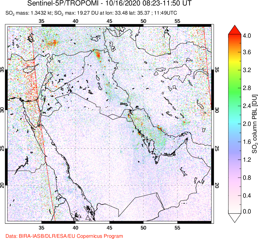 A sulfur dioxide image over Middle East on Oct 16, 2020.
