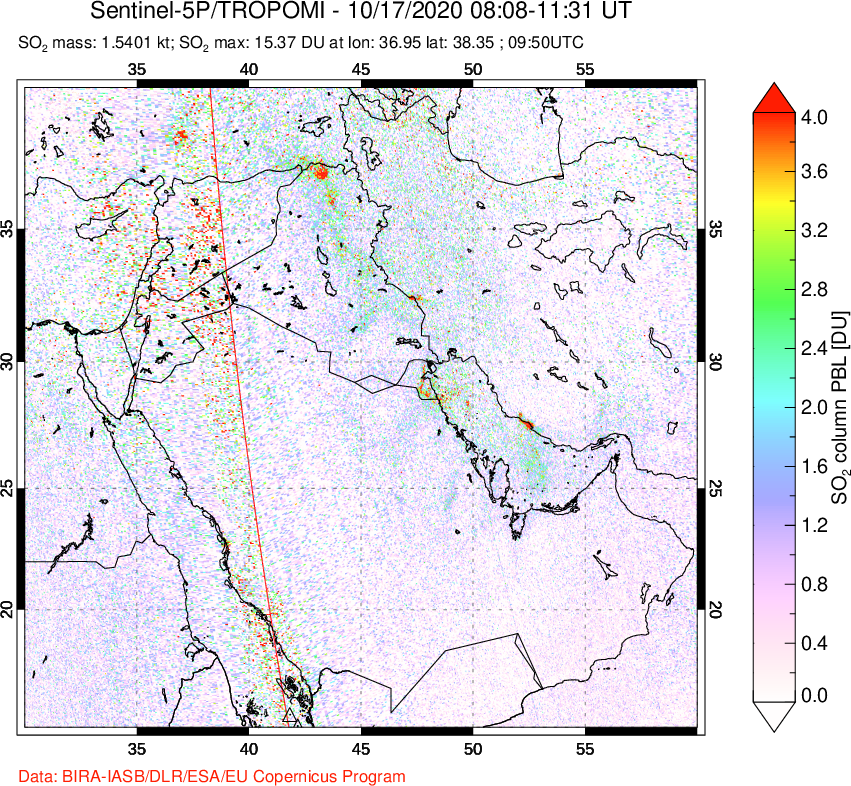 A sulfur dioxide image over Middle East on Oct 17, 2020.