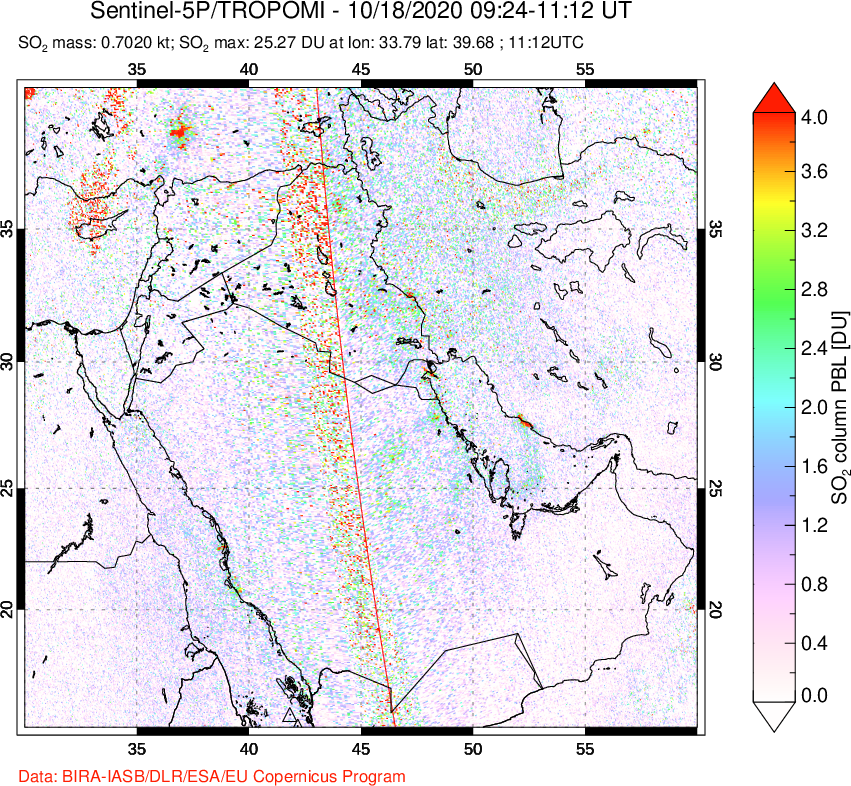 A sulfur dioxide image over Middle East on Oct 18, 2020.