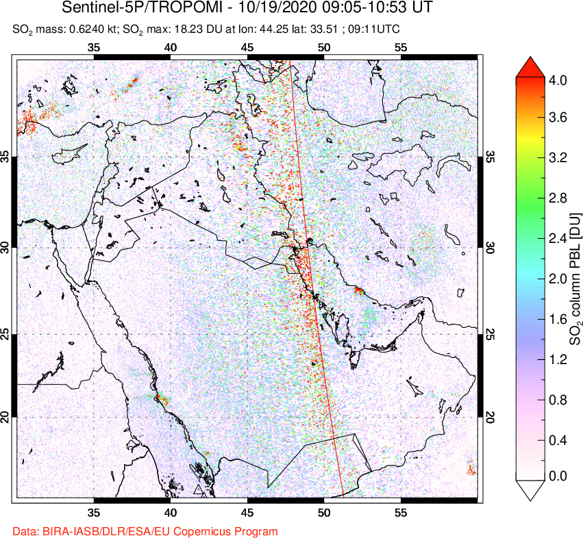 A sulfur dioxide image over Middle East on Oct 19, 2020.