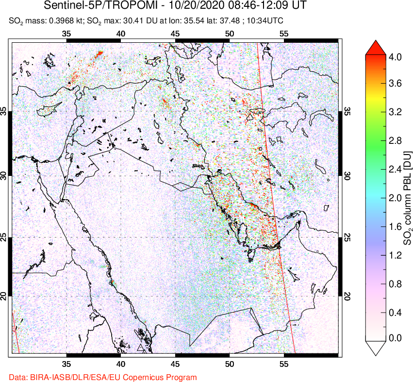 A sulfur dioxide image over Middle East on Oct 20, 2020.