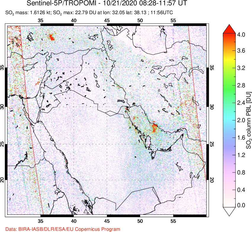 A sulfur dioxide image over Middle East on Oct 21, 2020.