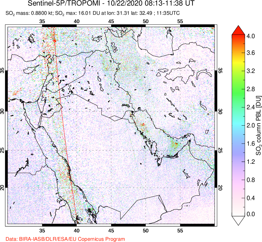 A sulfur dioxide image over Middle East on Oct 22, 2020.