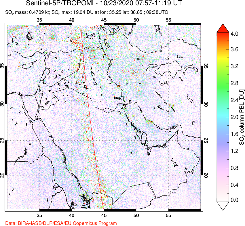A sulfur dioxide image over Middle East on Oct 23, 2020.