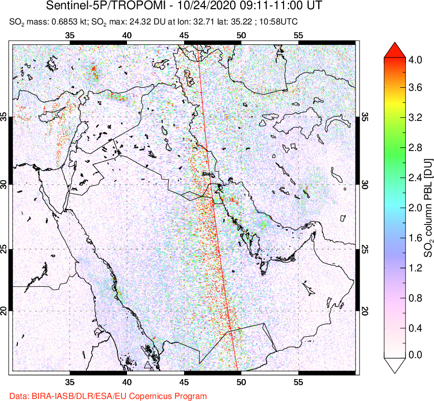 A sulfur dioxide image over Middle East on Oct 24, 2020.