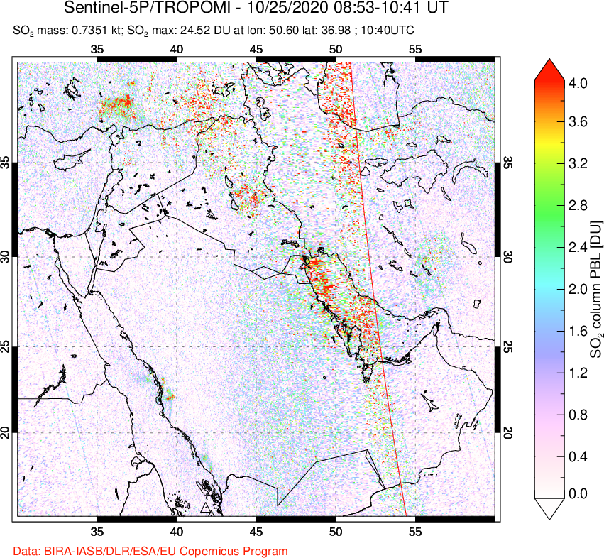 A sulfur dioxide image over Middle East on Oct 25, 2020.