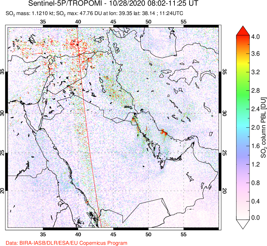 A sulfur dioxide image over Middle East on Oct 28, 2020.
