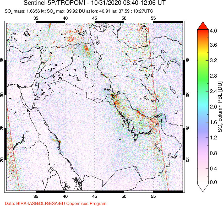 A sulfur dioxide image over Middle East on Oct 31, 2020.
