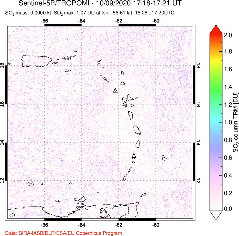A sulfur dioxide image over Montserrat, West Indies on Oct 09, 2020.