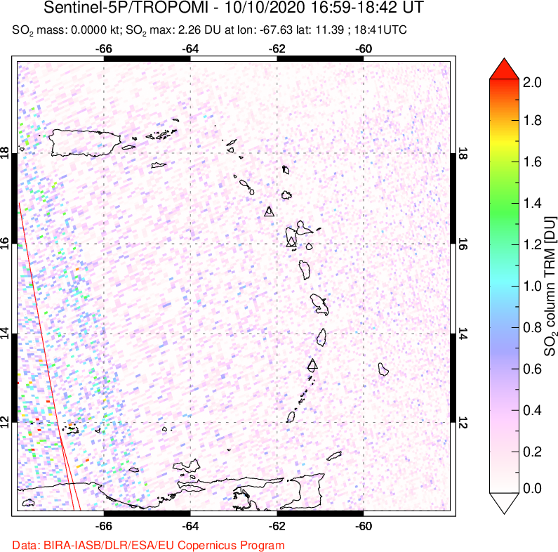 A sulfur dioxide image over Montserrat, West Indies on Oct 10, 2020.
