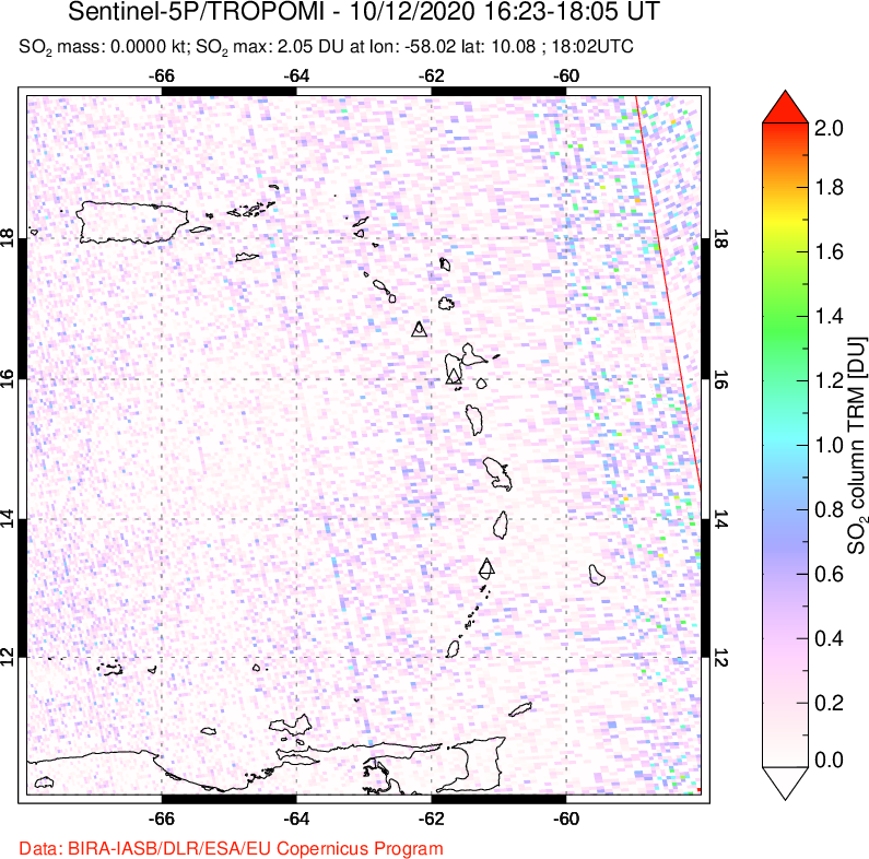A sulfur dioxide image over Montserrat, West Indies on Oct 12, 2020.