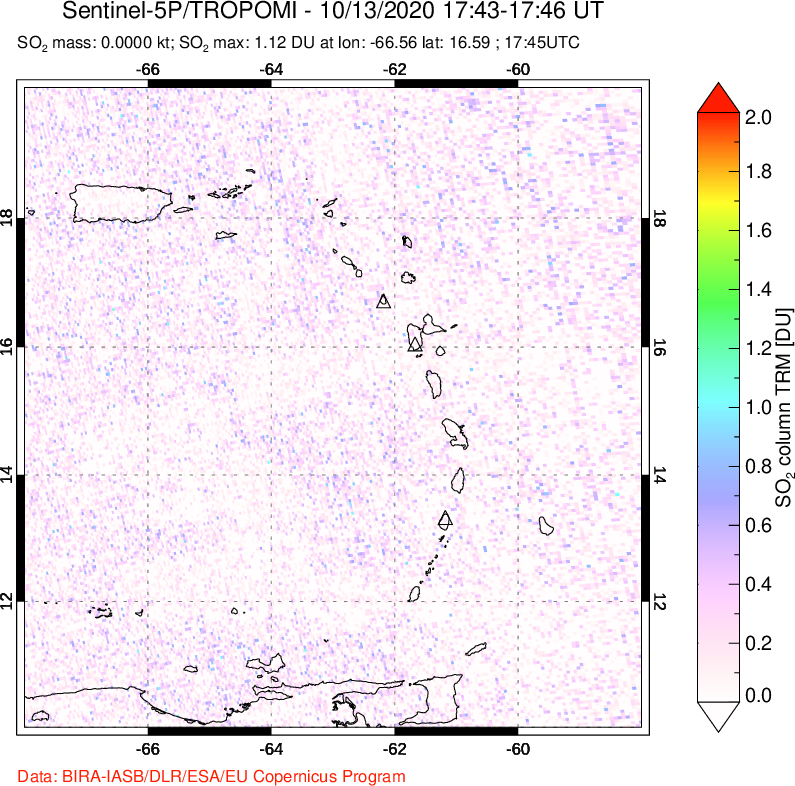 A sulfur dioxide image over Montserrat, West Indies on Oct 13, 2020.
