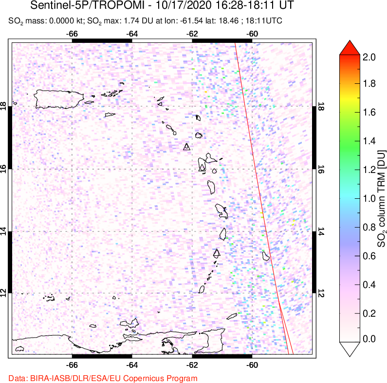 A sulfur dioxide image over Montserrat, West Indies on Oct 17, 2020.