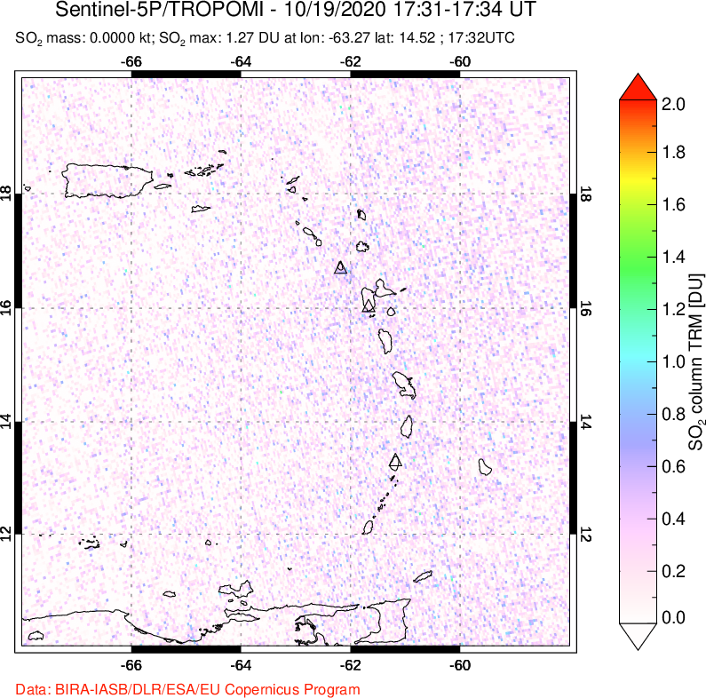 A sulfur dioxide image over Montserrat, West Indies on Oct 19, 2020.
