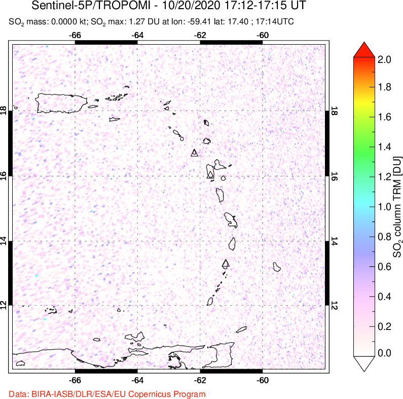 A sulfur dioxide image over Montserrat, West Indies on Oct 20, 2020.
