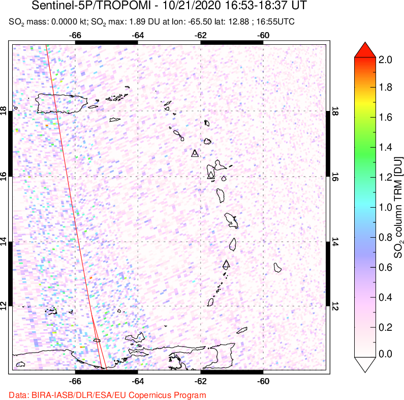 A sulfur dioxide image over Montserrat, West Indies on Oct 21, 2020.
