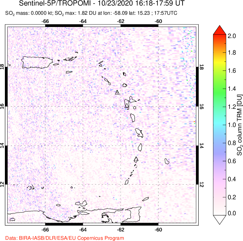 A sulfur dioxide image over Montserrat, West Indies on Oct 23, 2020.