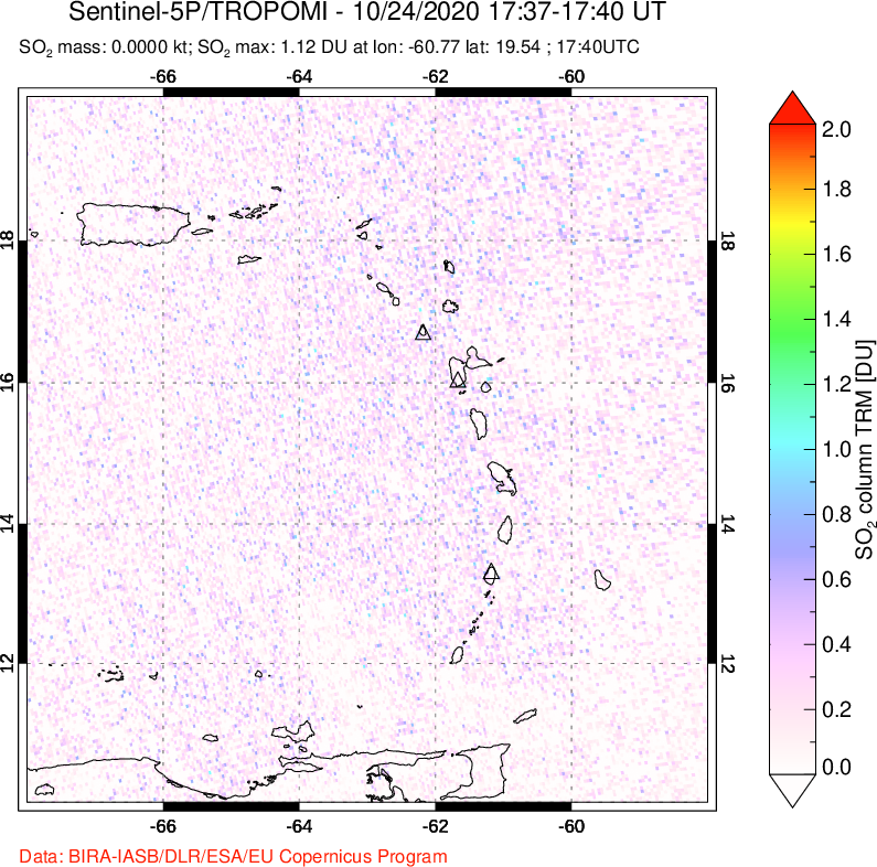 A sulfur dioxide image over Montserrat, West Indies on Oct 24, 2020.