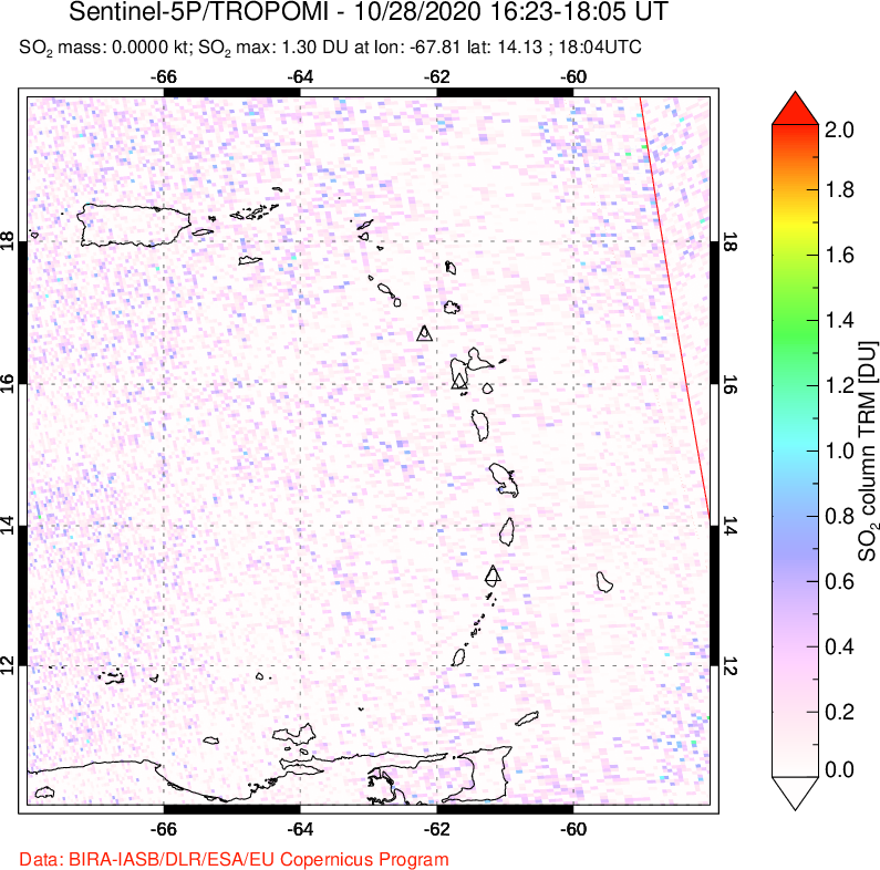 A sulfur dioxide image over Montserrat, West Indies on Oct 28, 2020.